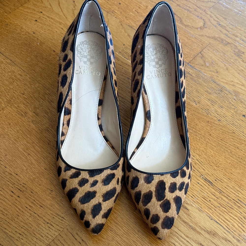 Vince Camuto Leopard-Spot Pointed Toe Pumps in Tan and Black